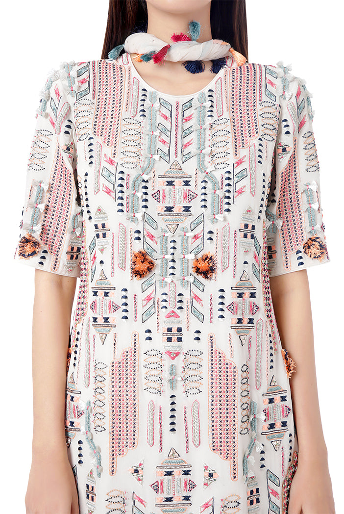 Qudrat Chalk White Colour Georgette Embroidered Kurta with Mukaish Georgette Sharara and Mukaish Net Dupatta