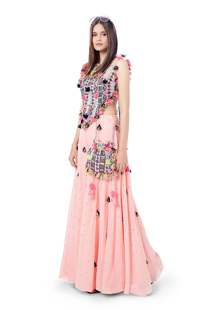 Zaha Coral Colour Georgette Embroidered Tie-Up Choli with Mukaish Georgette Sharara