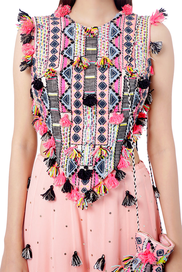 Zaha Coral Colour Georgette Embroidered Tie-Up Choli with Mukaish Georgette Sharara