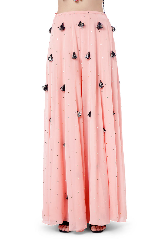 Zaha Coral Colour Georgette Embroidered Tie-Up Choli with Mukaish Georgette Sharara