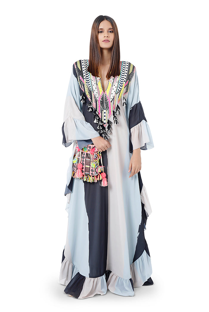 Saba Pale Blue Printed Art Georgette Embroidered Kaftan