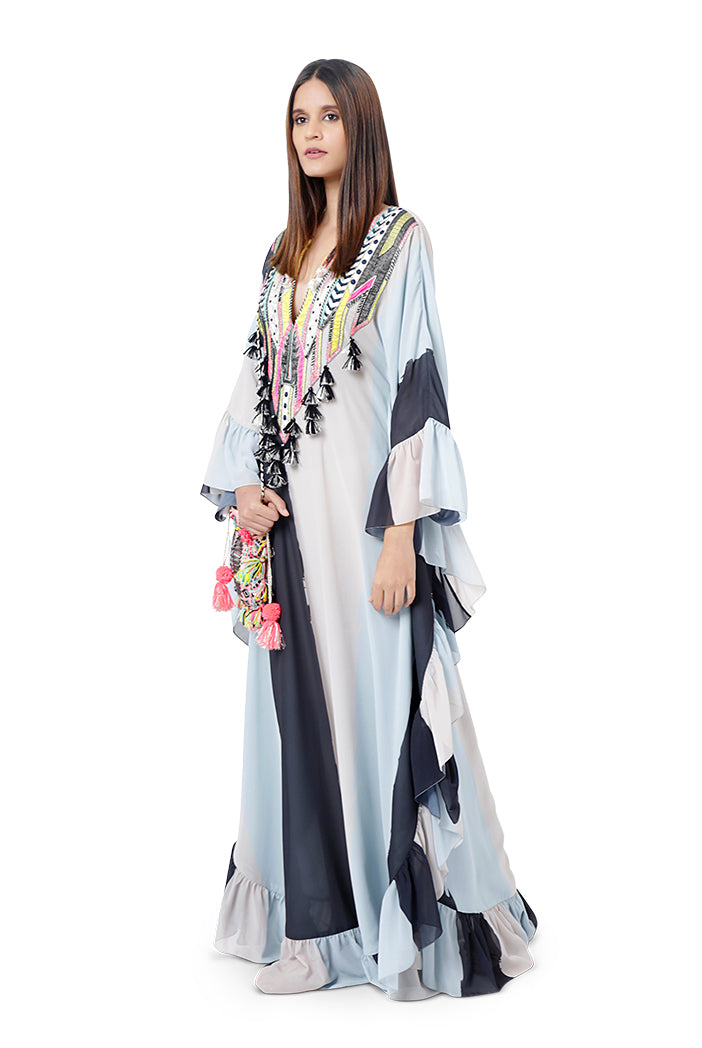 Saba Pale Blue Printed Art Georgette Embroidered Kaftan