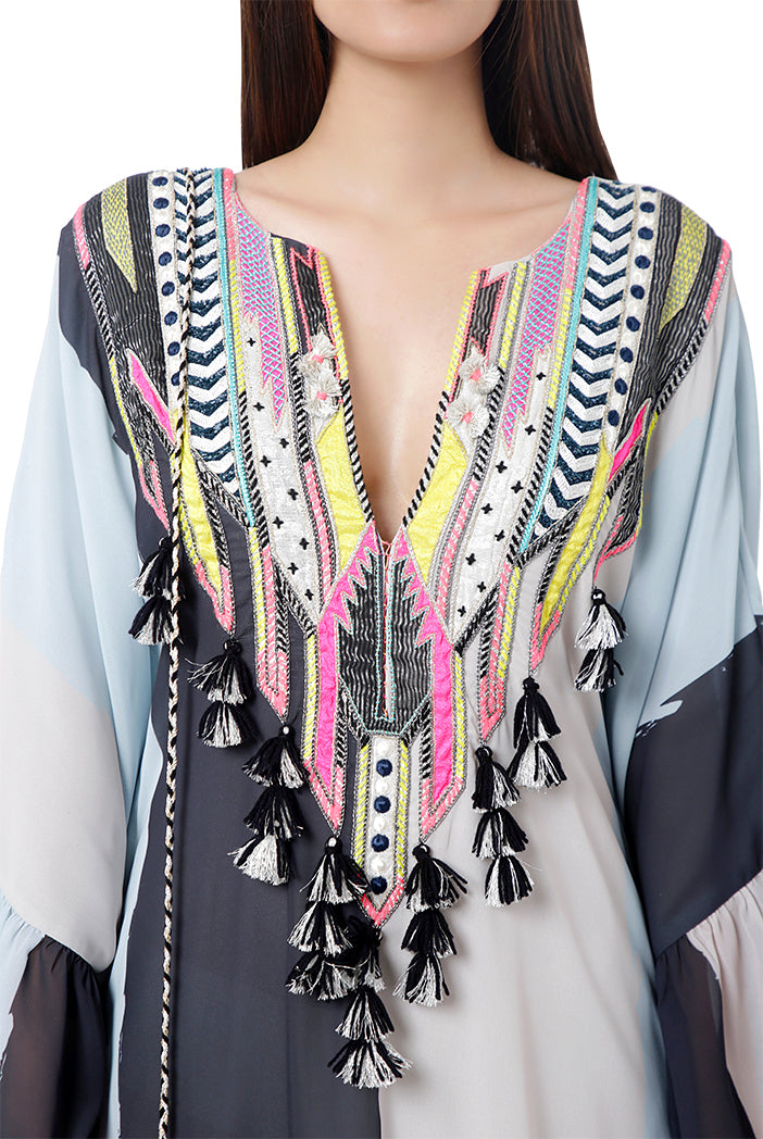 Saba Pale Blue Printed Art Georgette Embroidered Kaftan