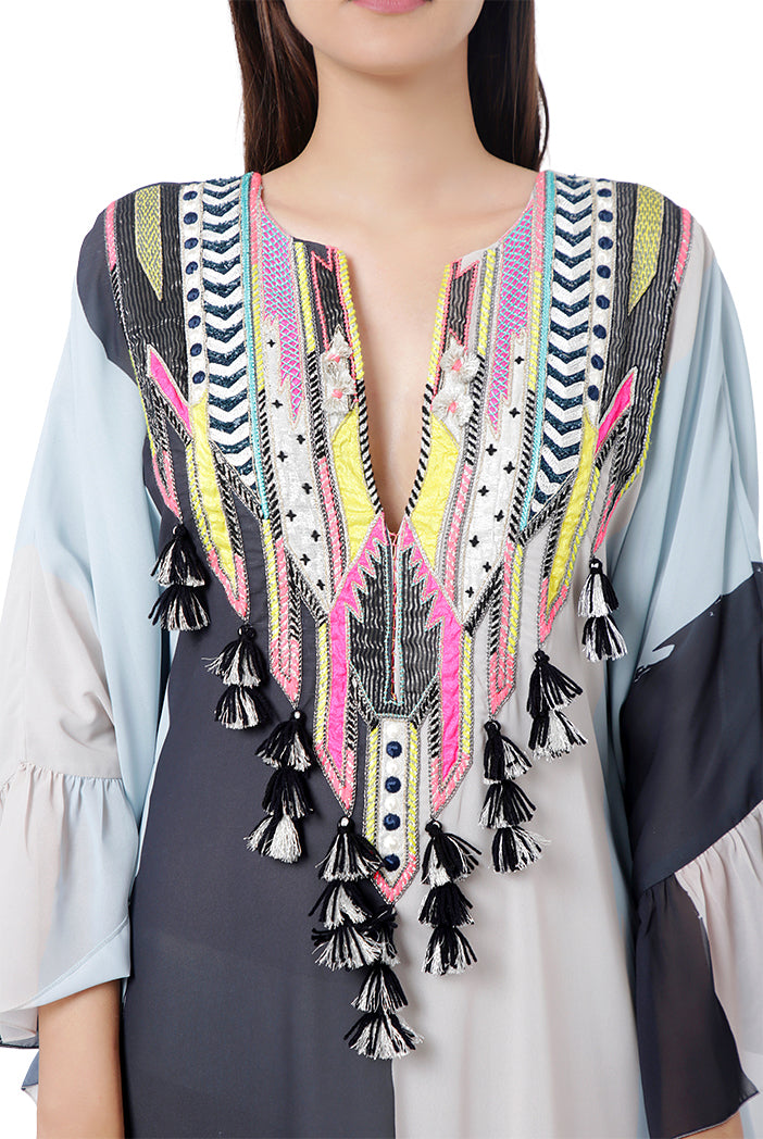 Saba Pale Blue Printed Art Georgette Embroidered Kaftan