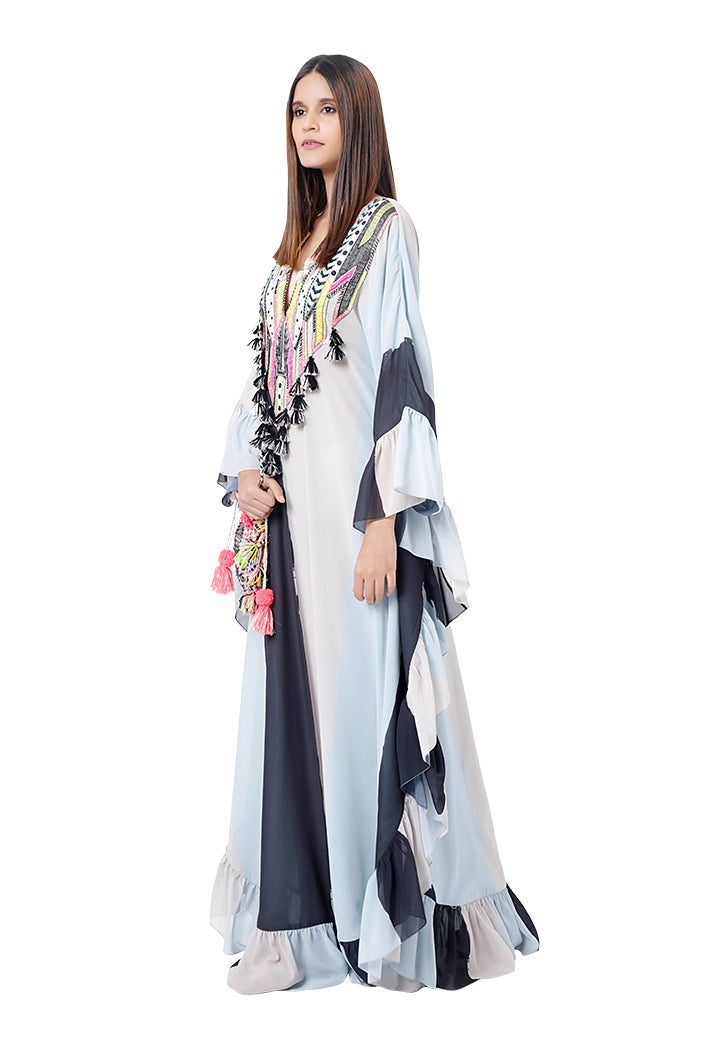 Saba Pale Blue Printed Art Georgette Embroidered Kaftan