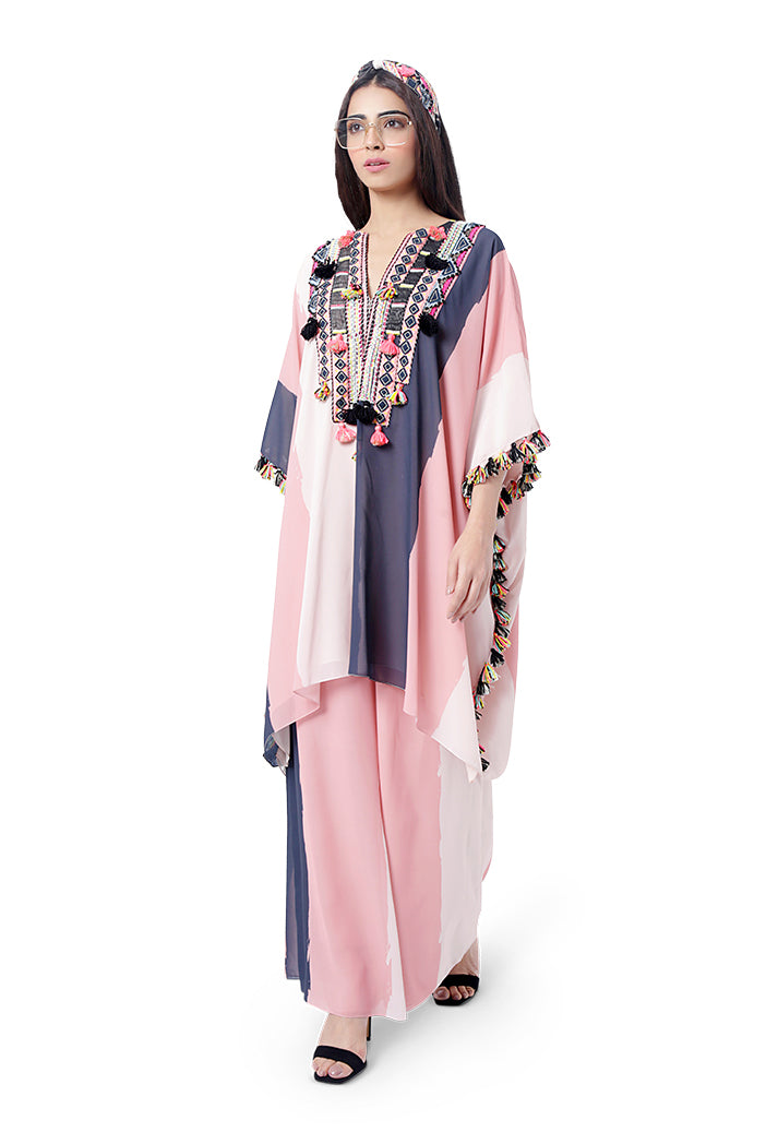 Sadaf Coral Colour Printed Art Georgette Short Kaftan with Palazzo