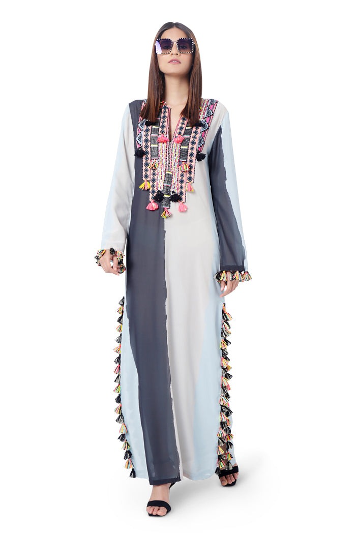 Shaz Pale Blue Colour Art Georgette Embroidered High-Slit Kaftan