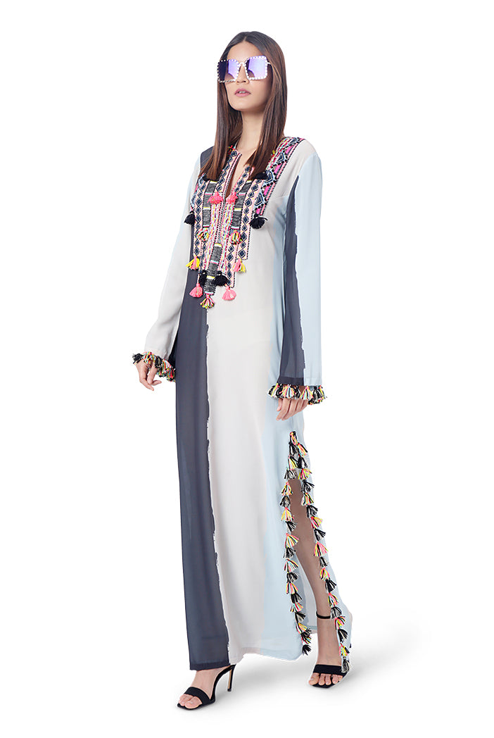 Shaz Pale Blue Colour Art Georgette Embroidered High-Slit Kaftan