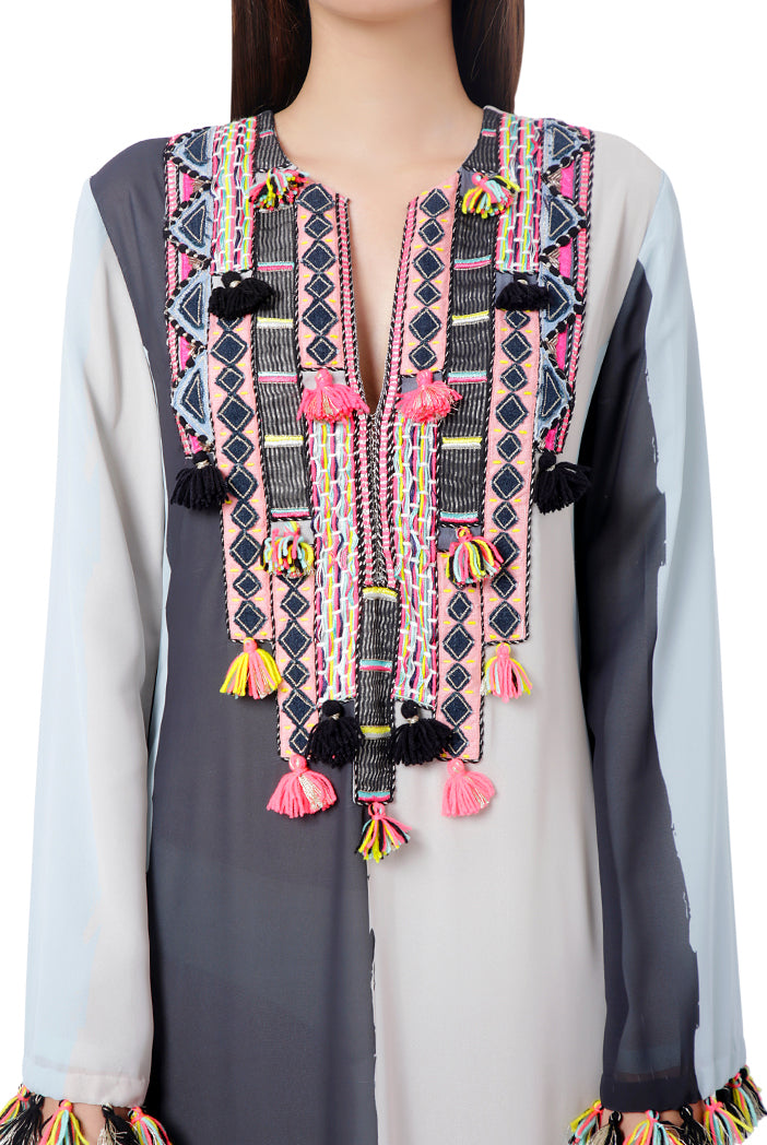 Shaz Pale Blue Colour Art Georgette Embroidered High-Slit Kaftan