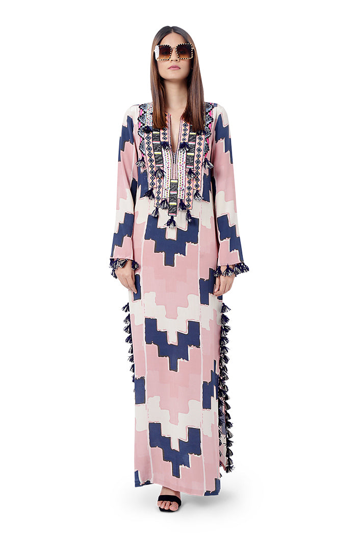 Iqra Blush Pink Colour Printed Crepe Embroidered High-Slit Kaftan