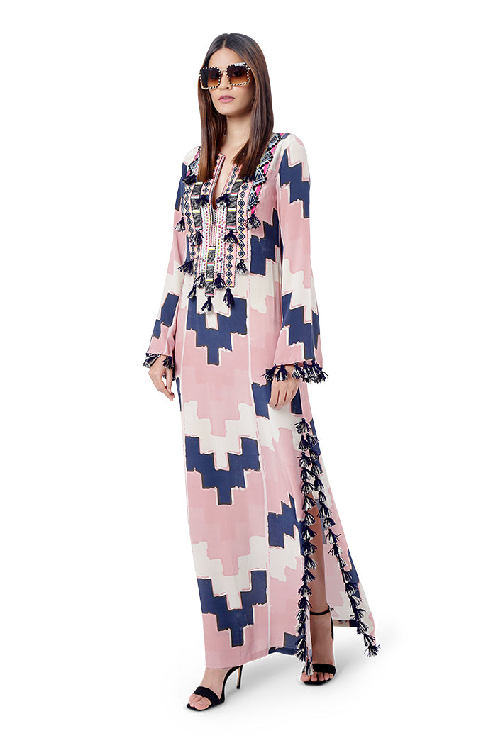 Iqra Blush Pink Colour Printed Crepe Embroidered High-Slit Kaftan