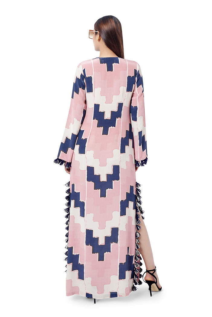Iqra Blush Pink Colour Printed Crepe Embroidered High-Slit Kaftan