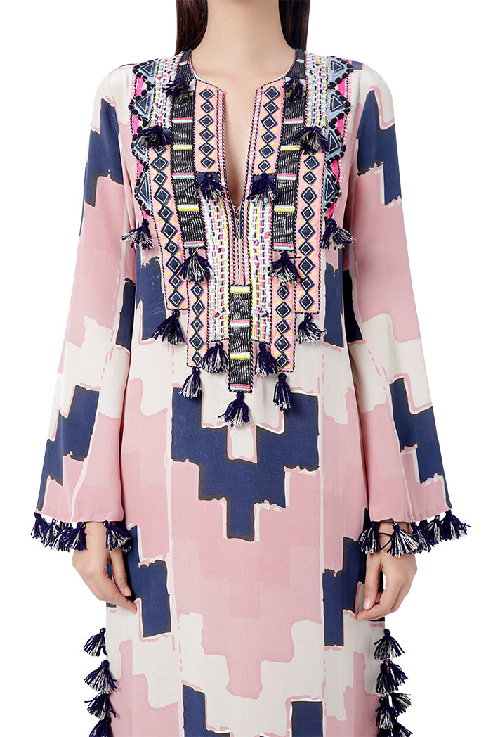 Iqra Blush Pink Colour Printed Crepe Embroidered High-Slit Kaftan