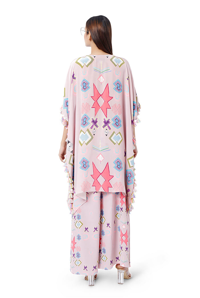 Basri Pink Colour Printed Crepe Embroidered Short Kaftan with Palazzo