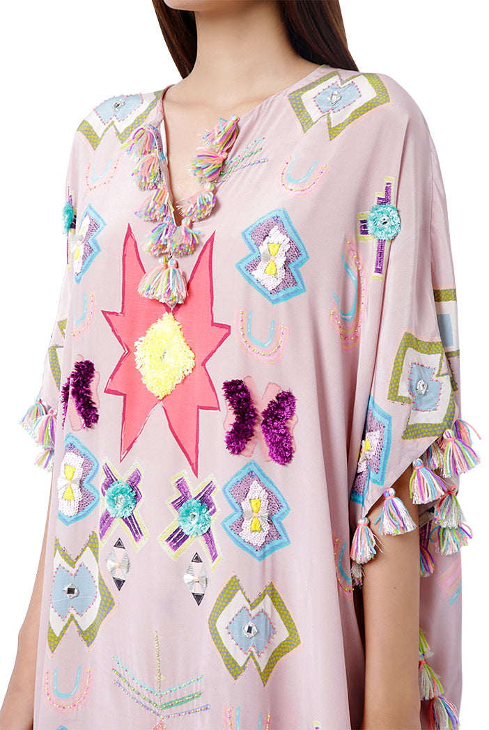 Basri Pink Colour Printed Crepe Embroidered Short Kaftan with Palazzo