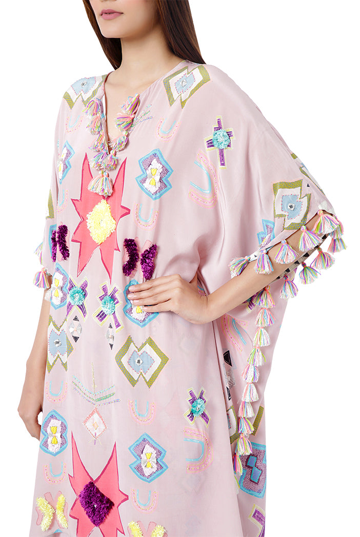 Basri Pink Colour Printed Crepe Embroidered Short Kaftan with Palazzo