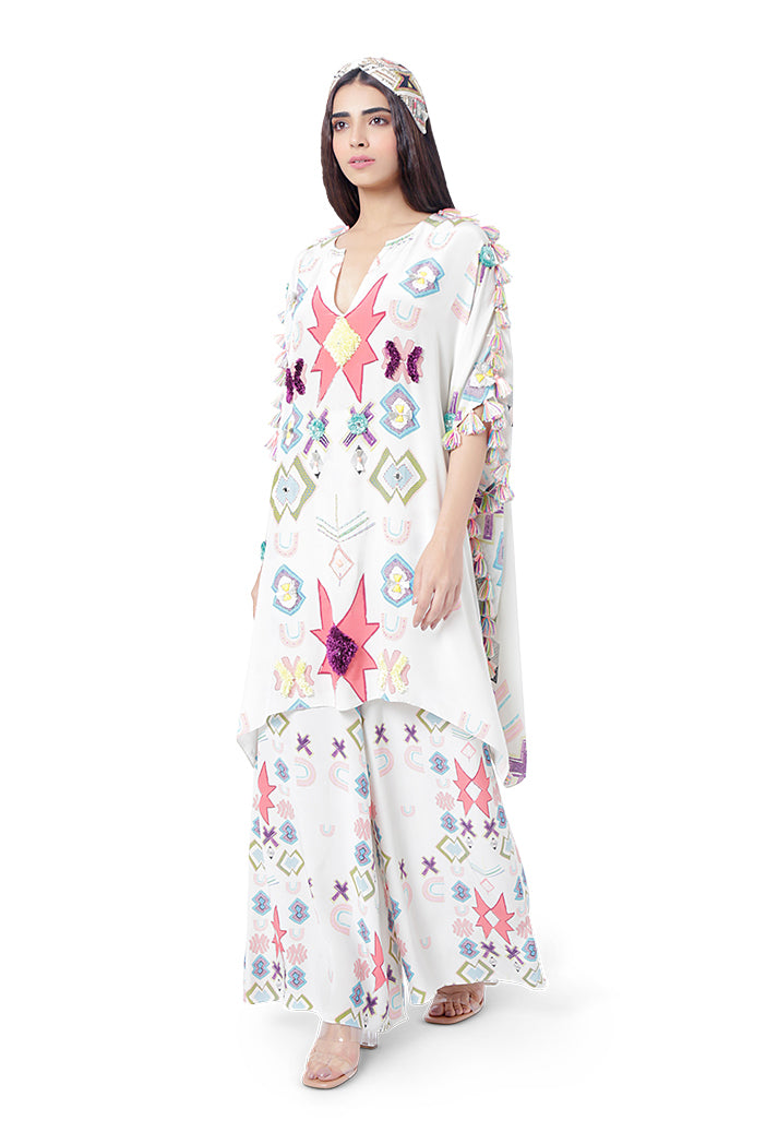 Seher White Colour Printed Crepe Embroidered Short Kaftan with Palazzo