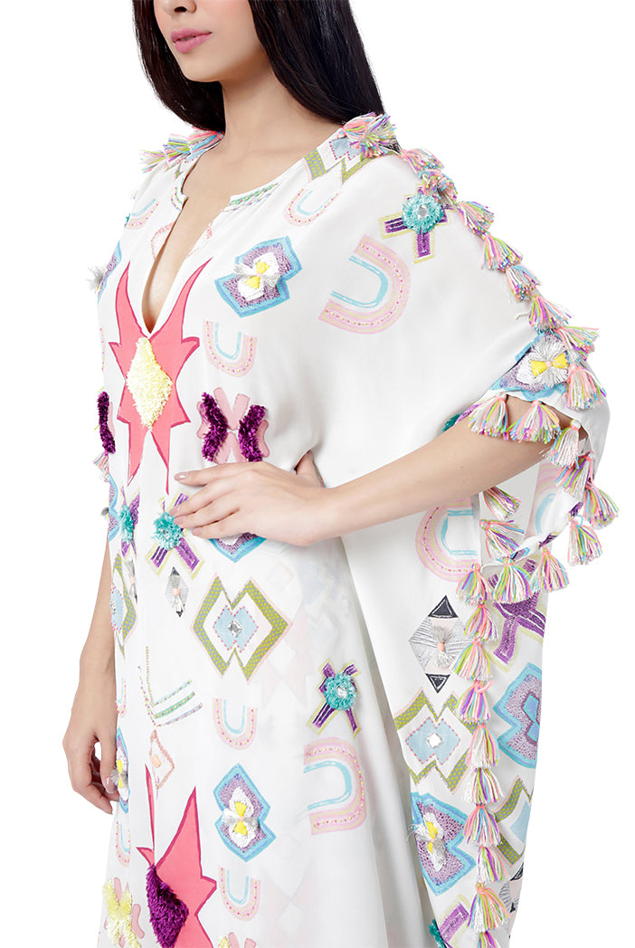 Seher White Colour Printed Crepe Embroidered Short Kaftan with Palazzo