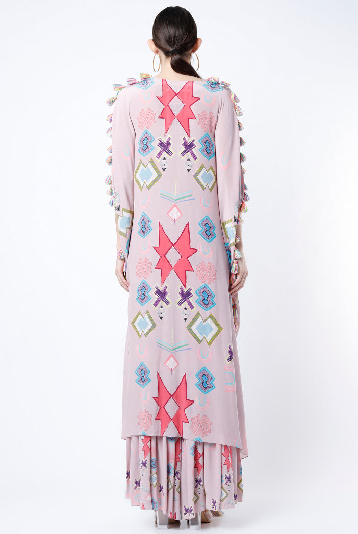 Pink Printed Crepe Embroidered High Low Kaftan With Pink Printed Frill Palazzo