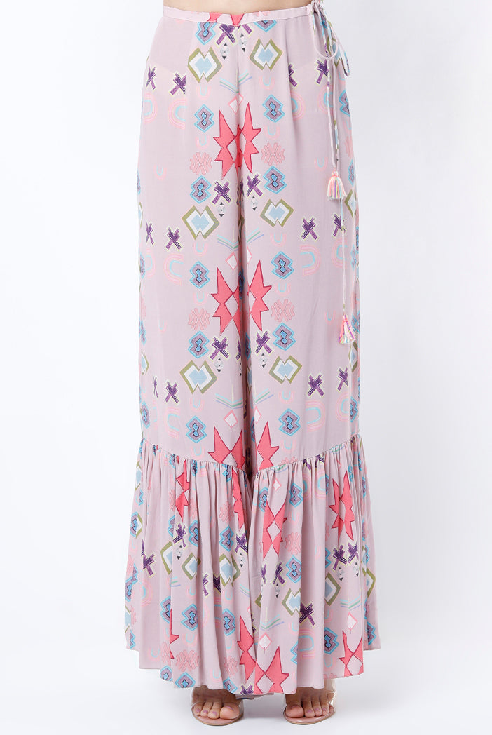 Pink Printed Crepe Embroidered High Low Kaftan With Pink Printed Frill Palazzo