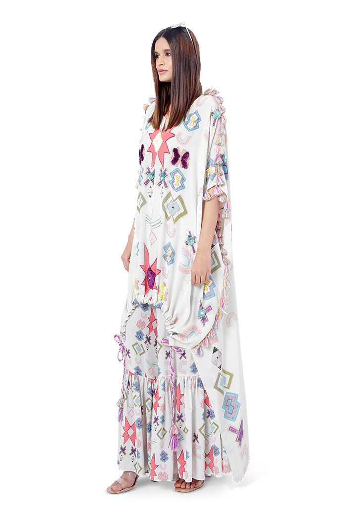 Aria White Printed Crepe Embroidered High-Low Kaftan with Frill Palazzo
