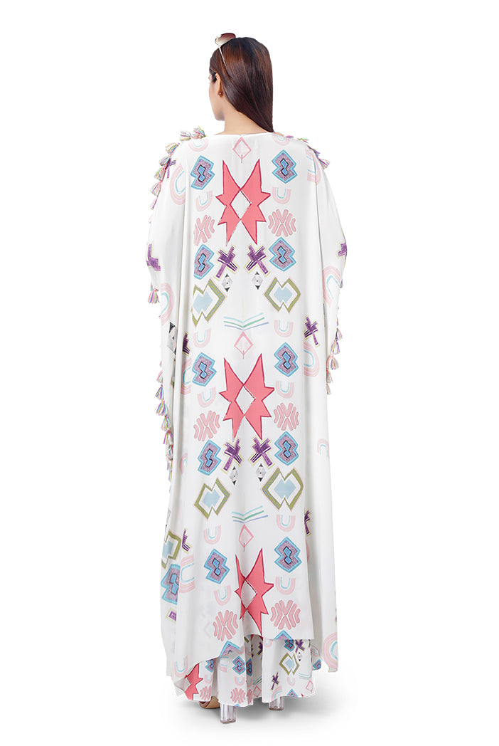 Aria White Printed Crepe Embroidered High-Low Kaftan with Frill Palazzo