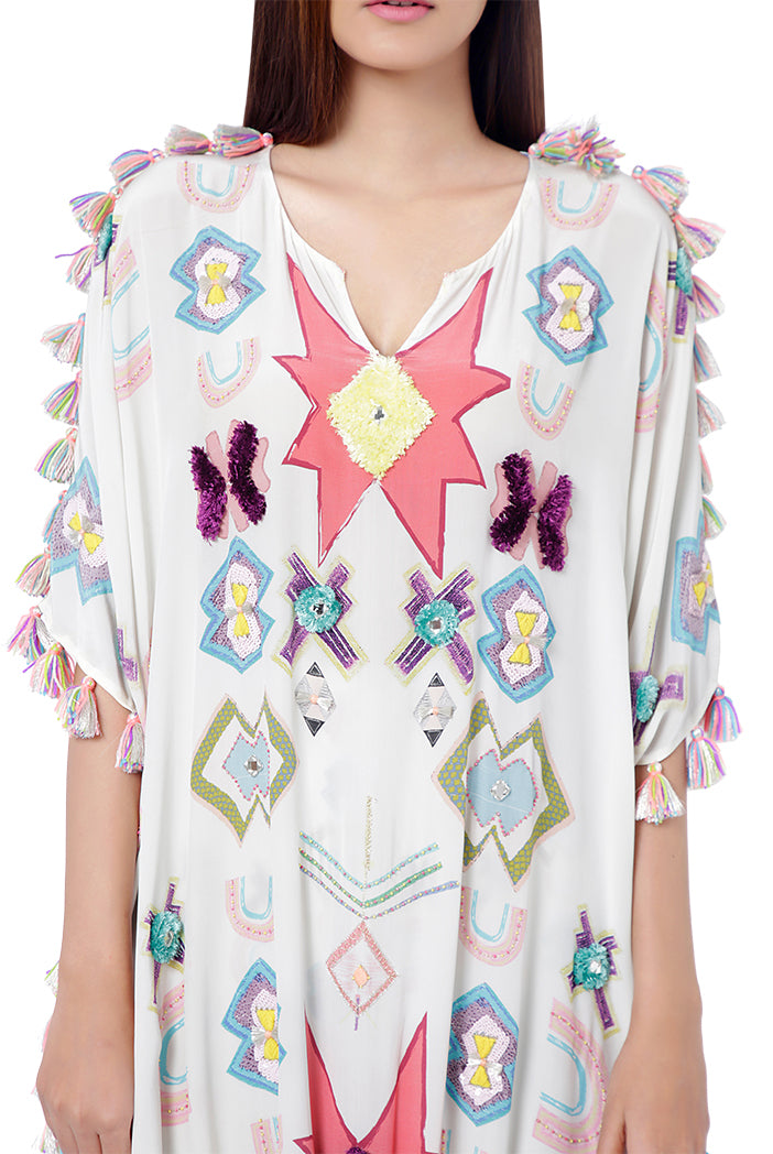 Aria White Printed Crepe Embroidered High-Low Kaftan with Frill Palazzo