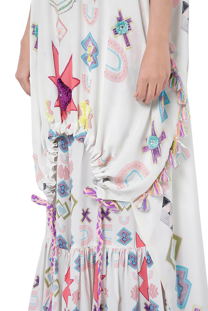 Aria White Printed Crepe Embroidered High-Low Kaftan with Frill Palazzo