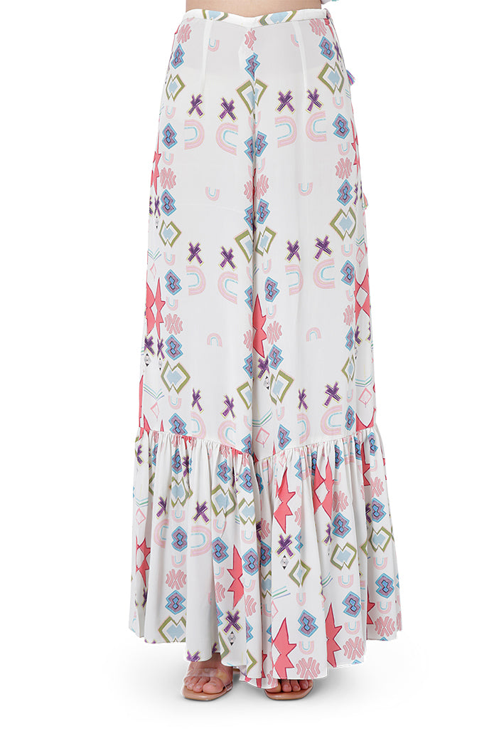 Aria White Printed Crepe Embroidered High-Low Kaftan with Frill Palazzo