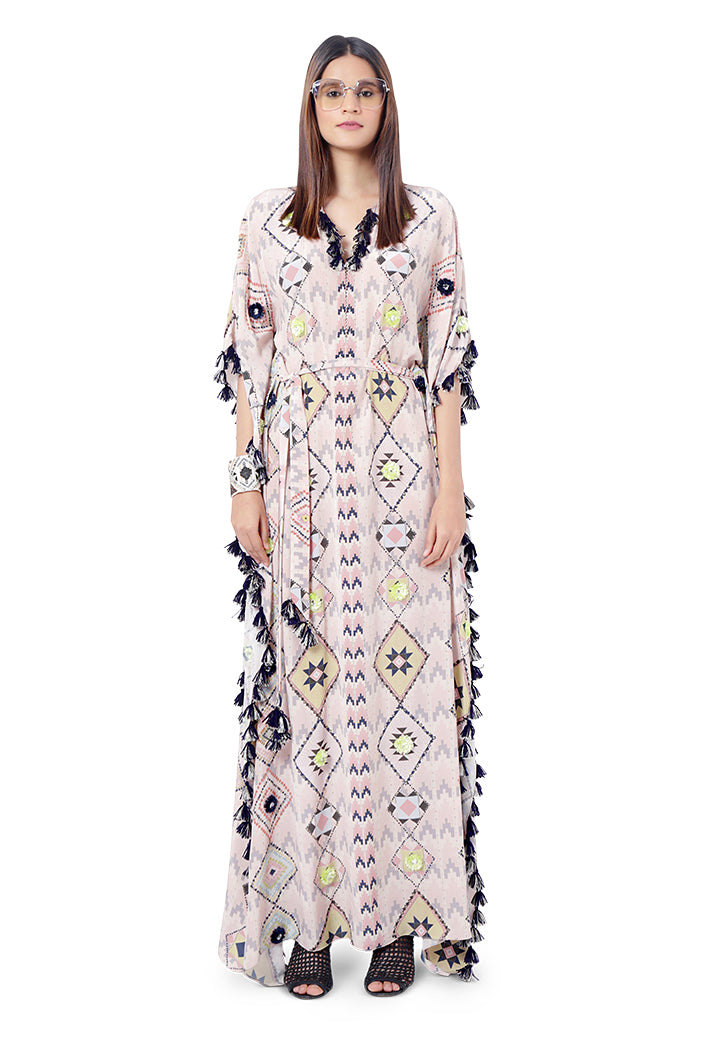 Kyra Blush Pink Colour Crepe Embroidered Kaftan with Belt
