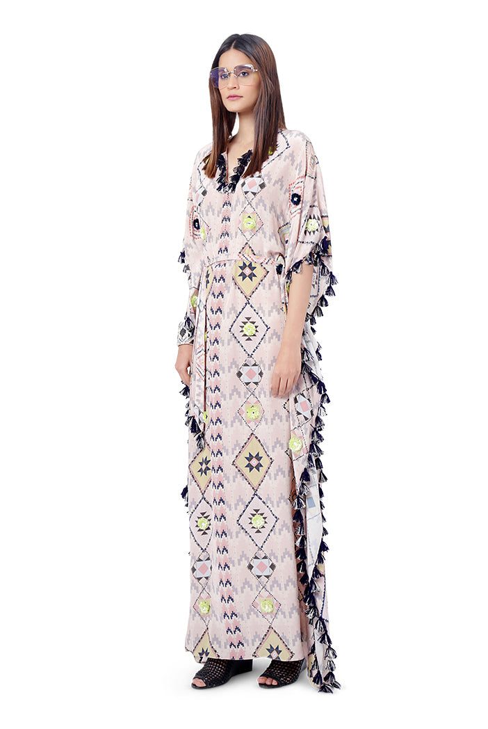 Kyra Blush Pink Colour Crepe Embroidered Kaftan with Belt