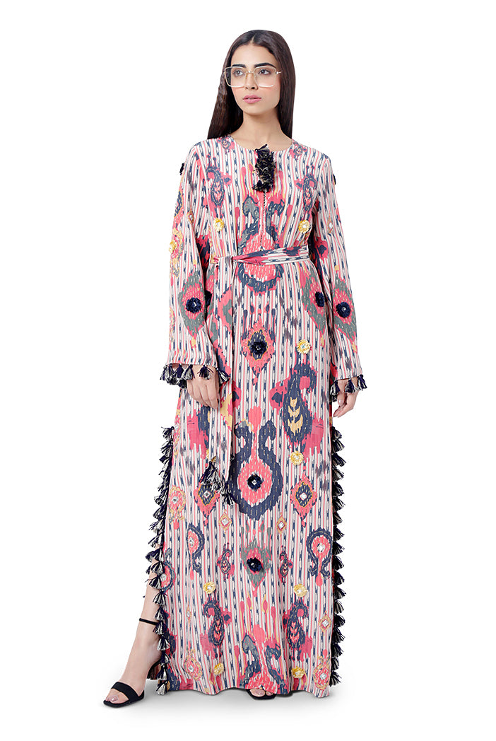 Marya Red Printed Crepe Embroidered High- Slit Kaftan with Belt
