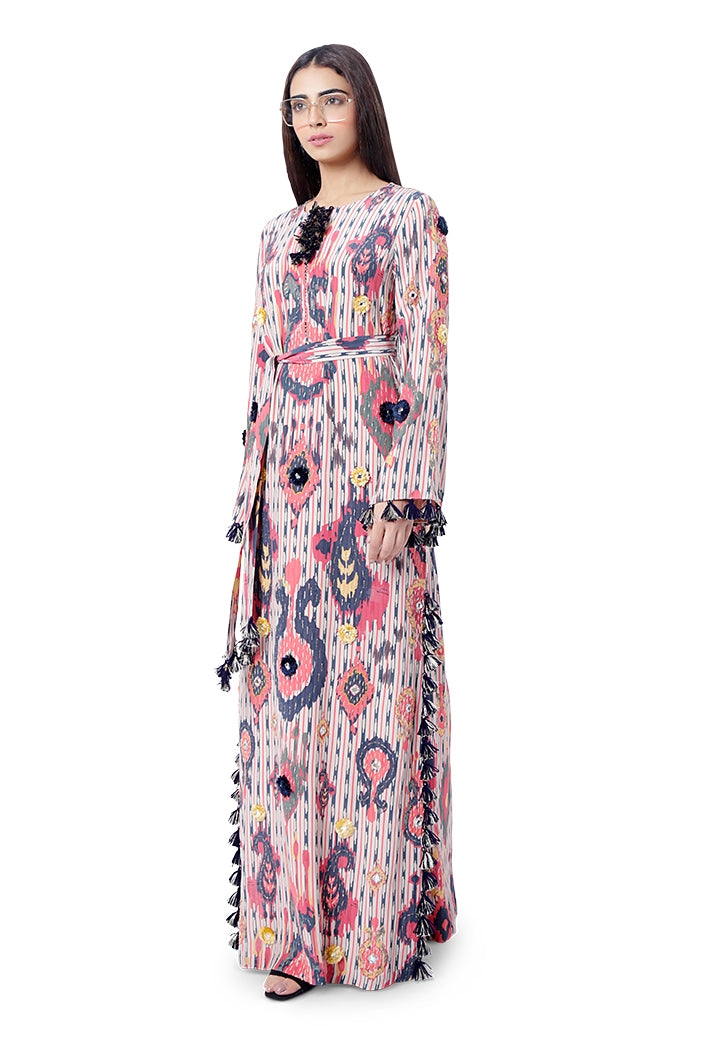 Marya Red Printed Crepe Embroidered High- Slit Kaftan with Belt