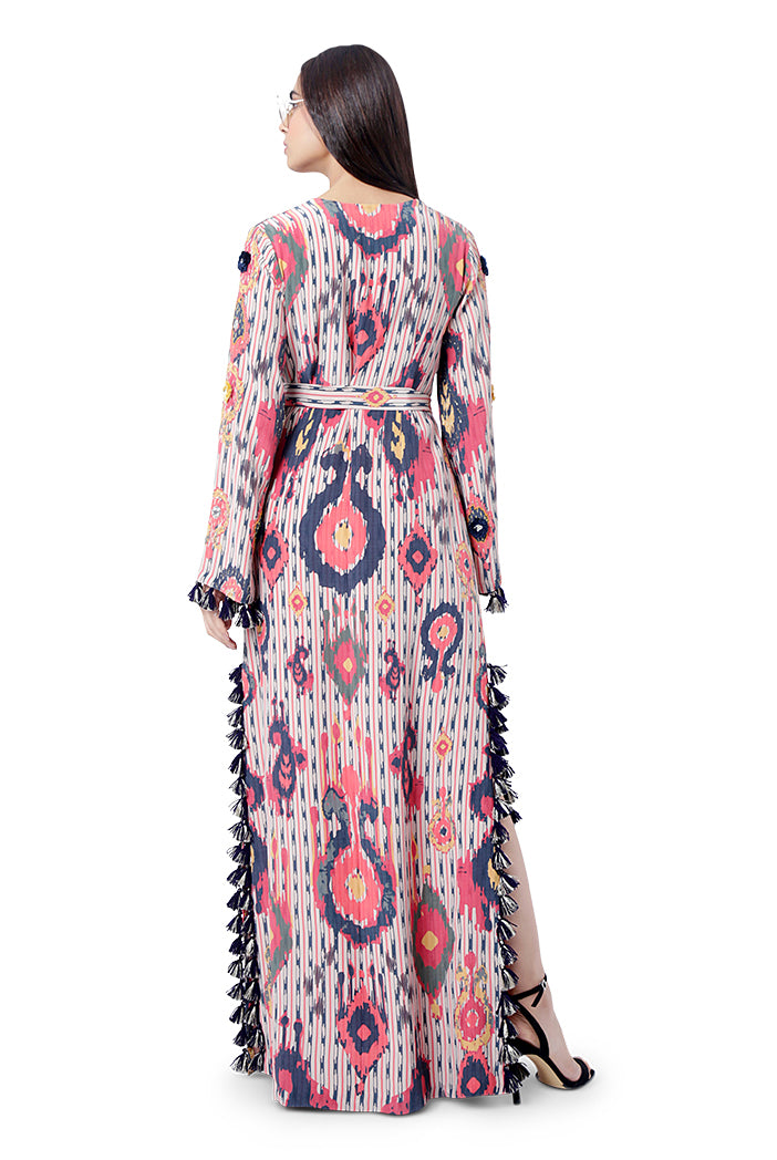 Marya Red Printed Crepe Embroidered High- Slit Kaftan with Belt