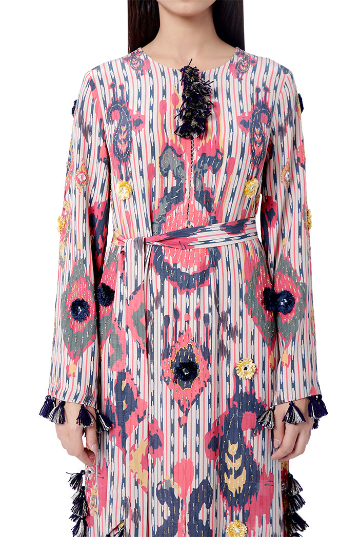 Marya Red Printed Crepe Embroidered High- Slit Kaftan with Belt