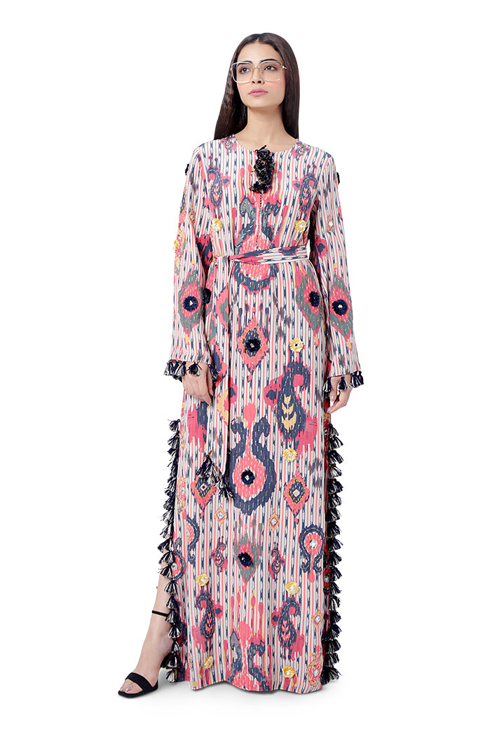 Marya Red Printed Crepe Embroidered High- Slit Kaftan with Belt