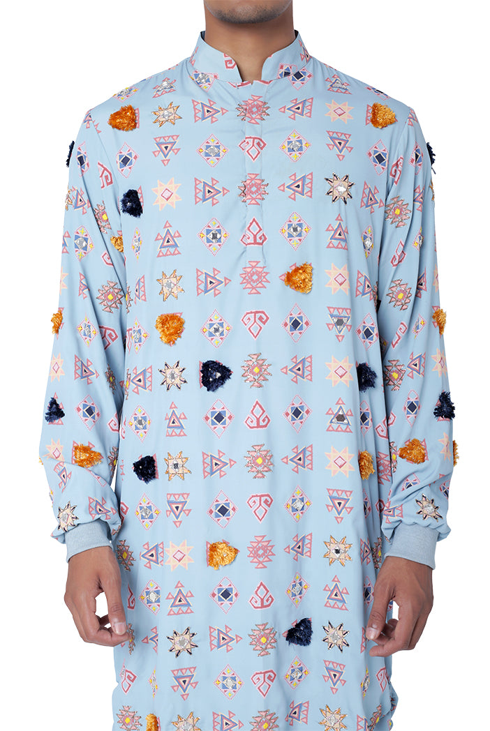 Blue Colour Printed Art Crepe Kurta with Jogger Pant