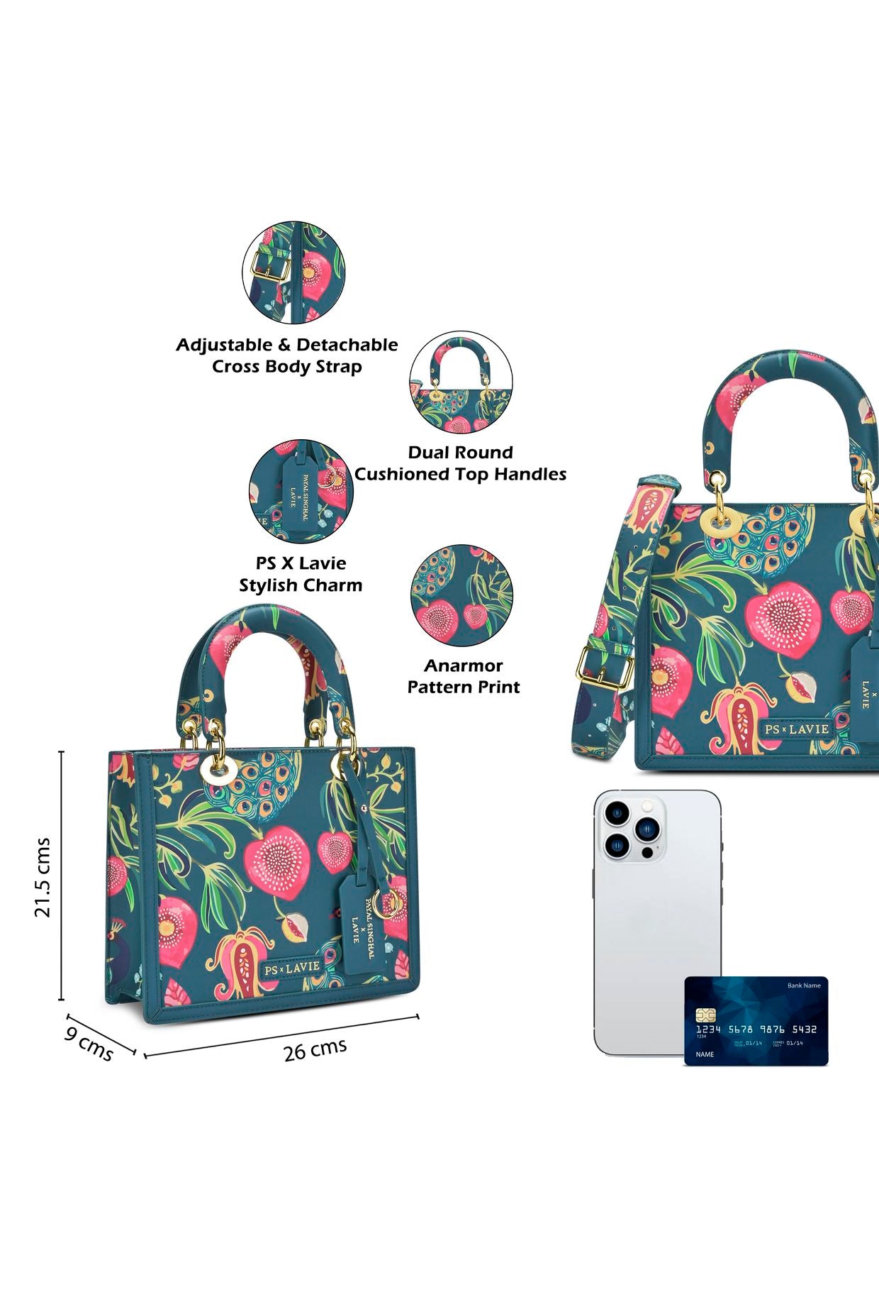 Lavie X Payal Singhal Limited Edition Teal Anar Mor Print Women's Box Satchel Handbag