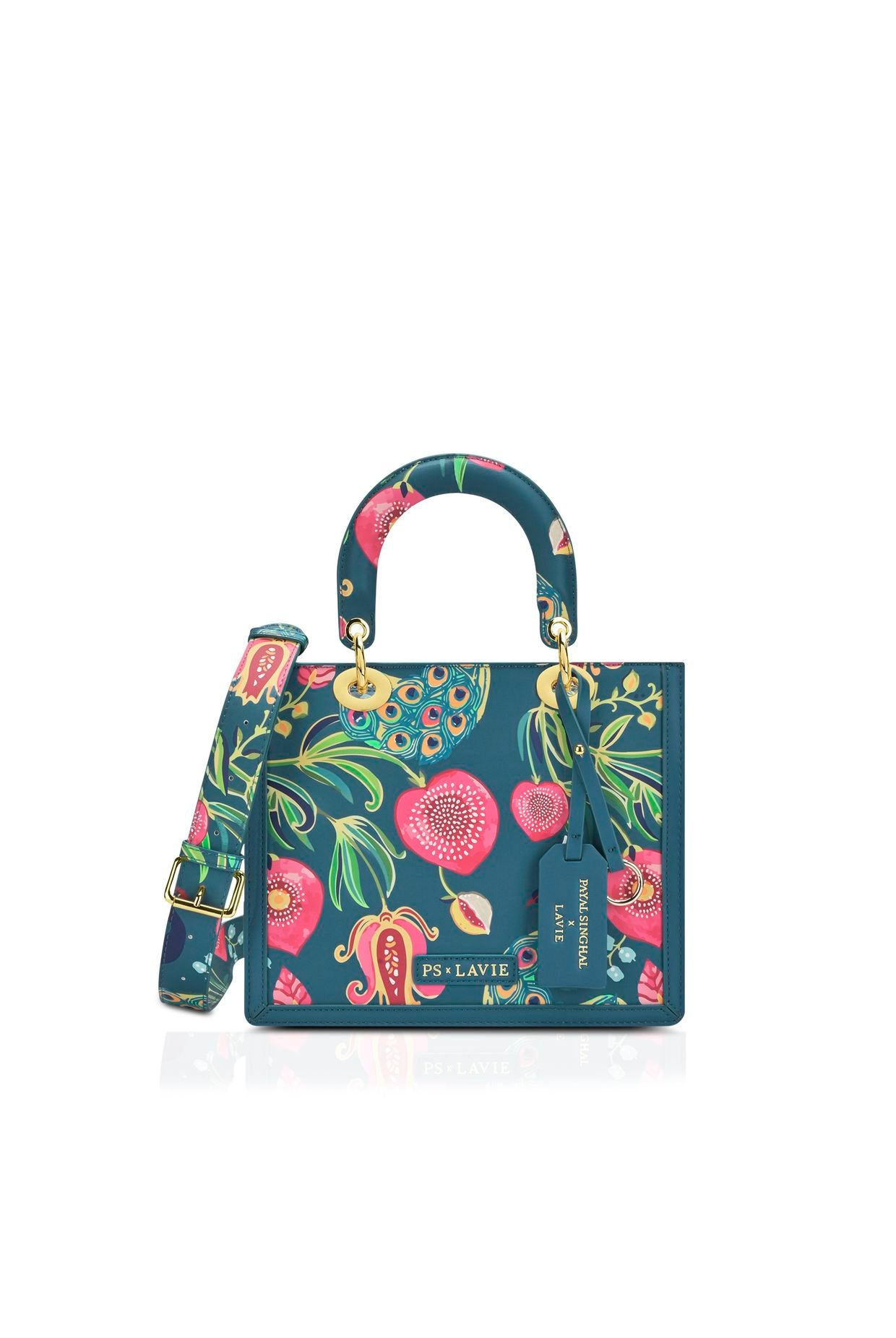 Lavie X Payal Singhal Limited Edition Teal Anar Mor Print Women's Box Satchel Handbag