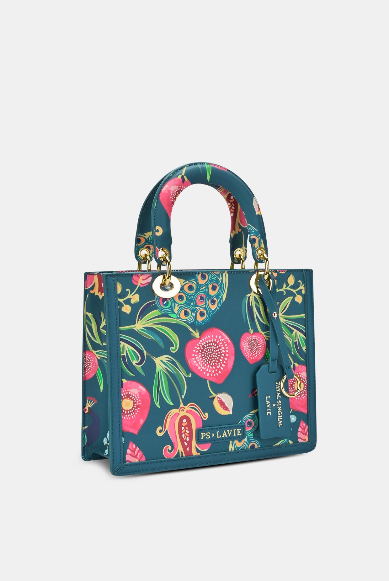 Lavie X Payal Singhal Limited Edition Teal Anar Mor Print Women's Box Satchel Handbag