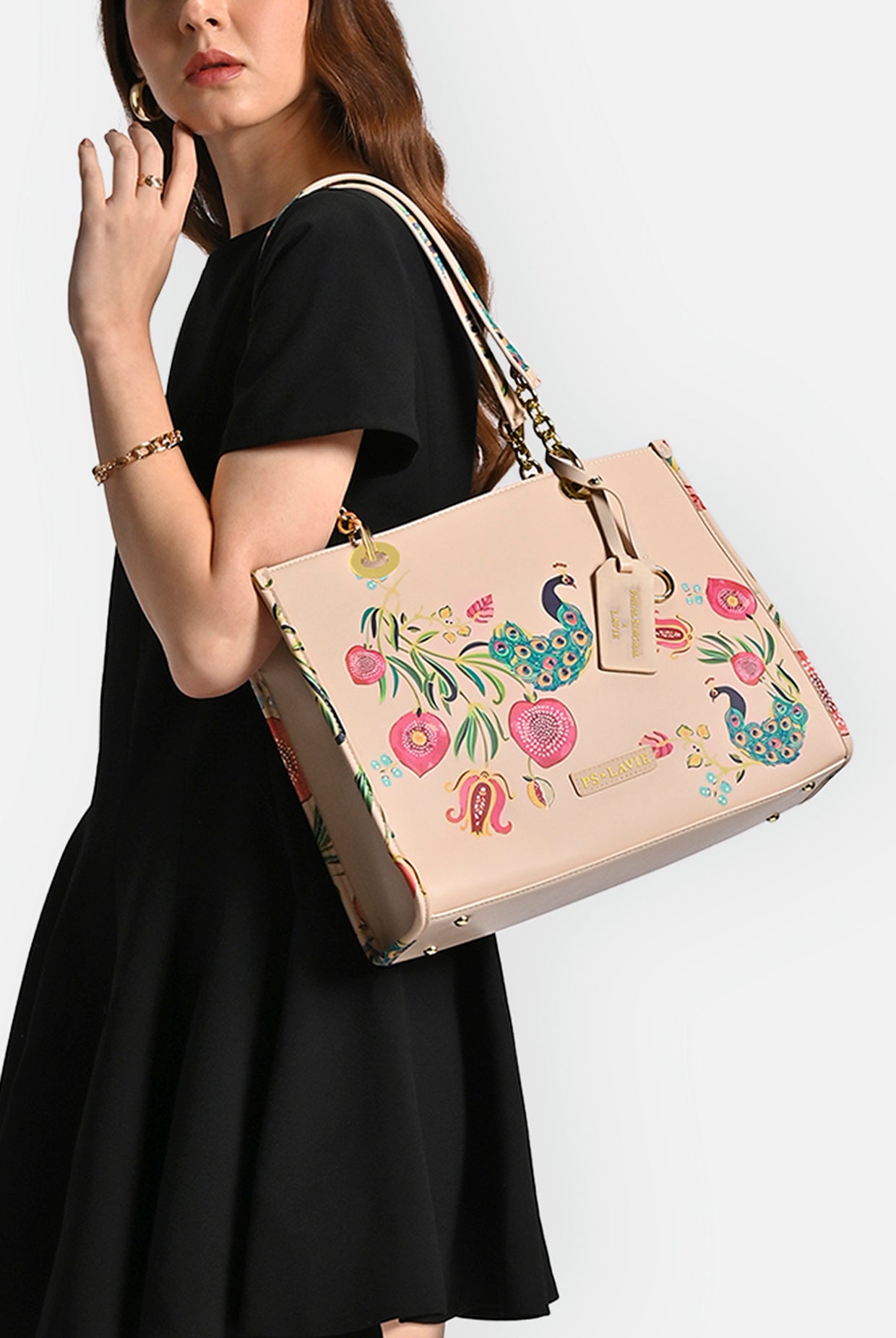 Lavie X Payal Singhal Limited Edition Pink Anar Mor Print Women's Box Tote Bag