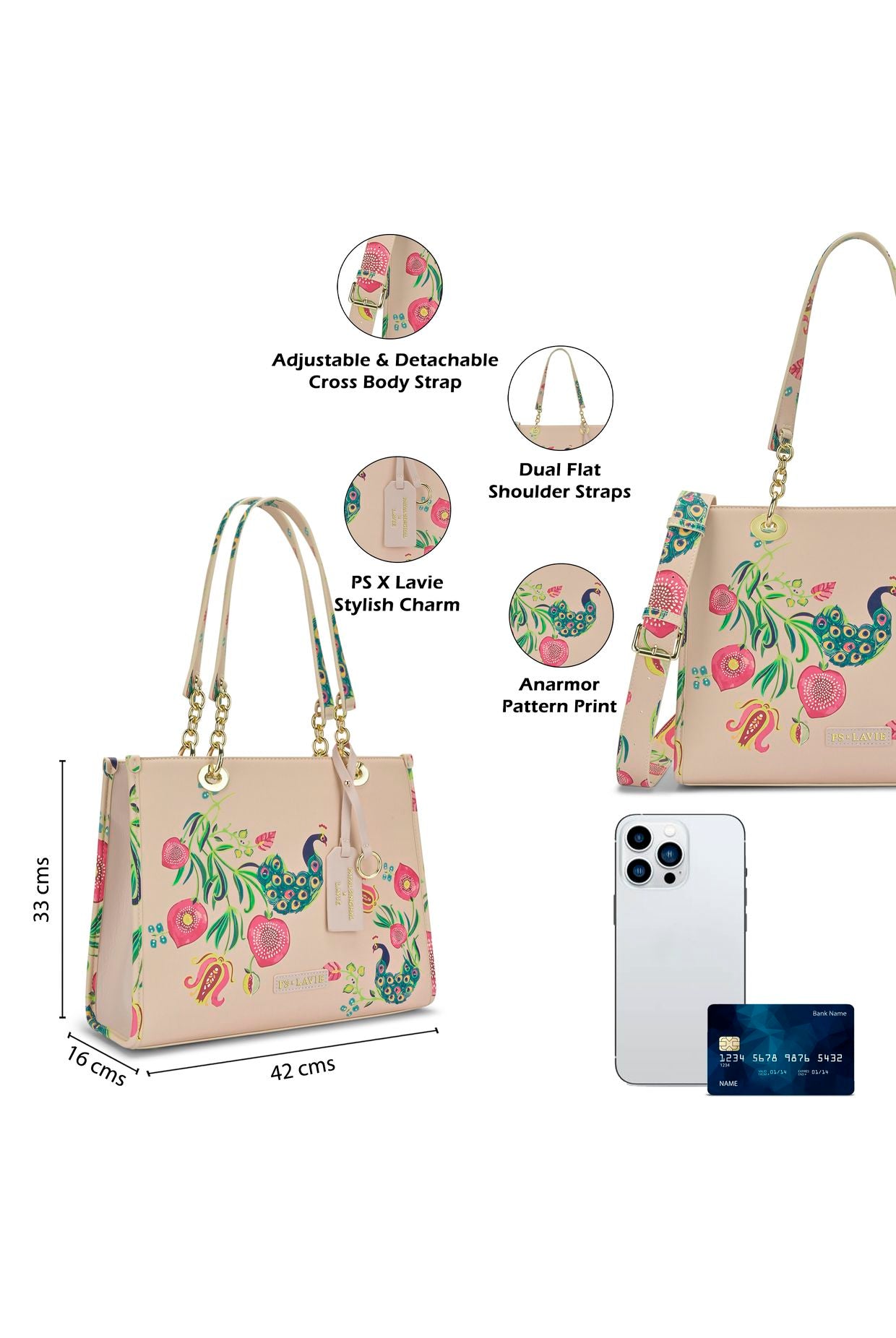 Lavie X Payal Singhal Limited Edition Pink Anar Mor Print Women's Box Tote Bag