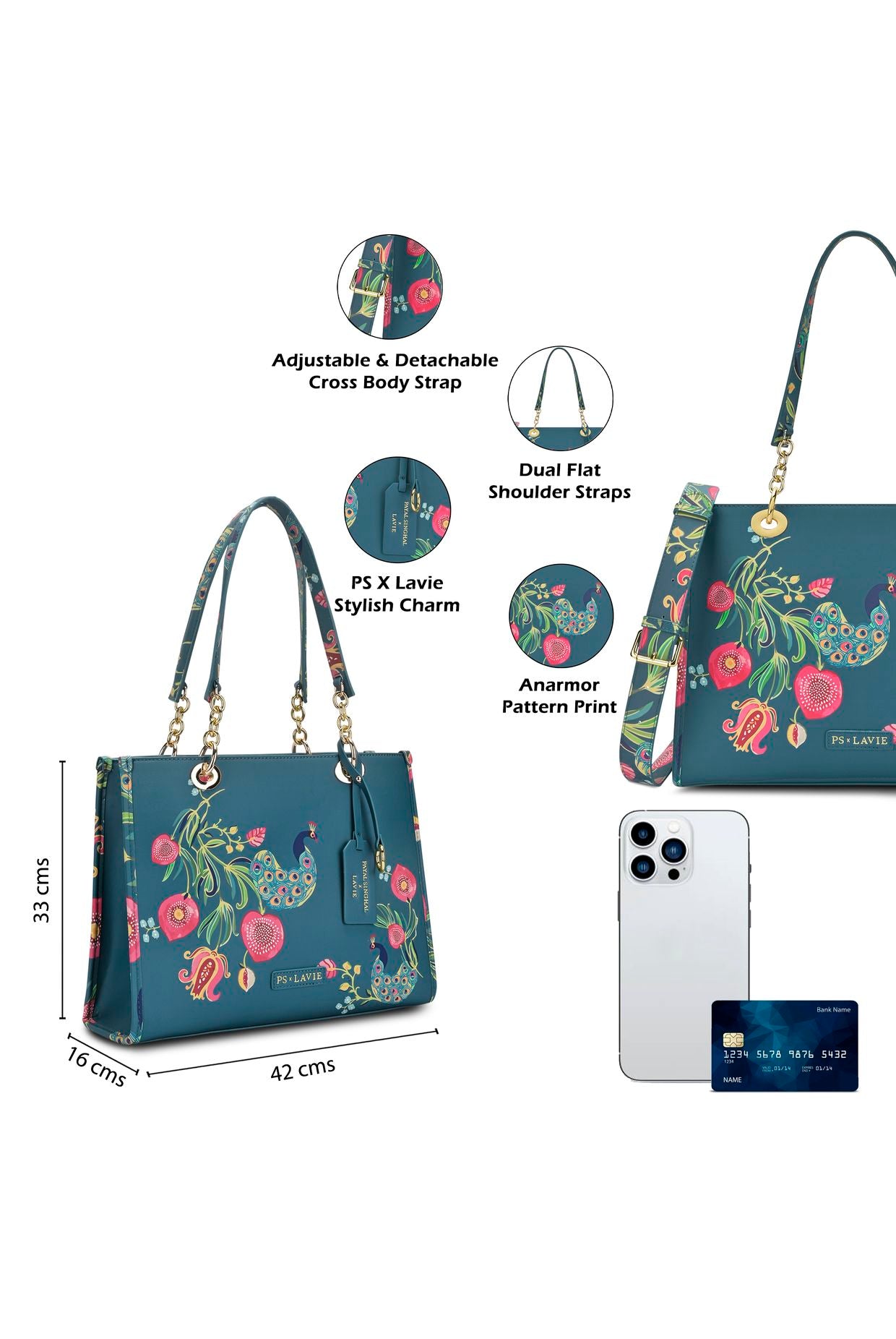 Lavie X Payal Singhal Limited Edition Teal Anar Mor Print Women's Box Tote Bag