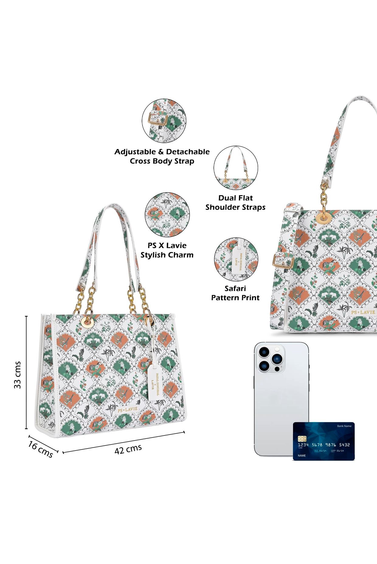 Lavie X Payal Singhal Limited Edition White Safari Print Women's Box Tote Bag