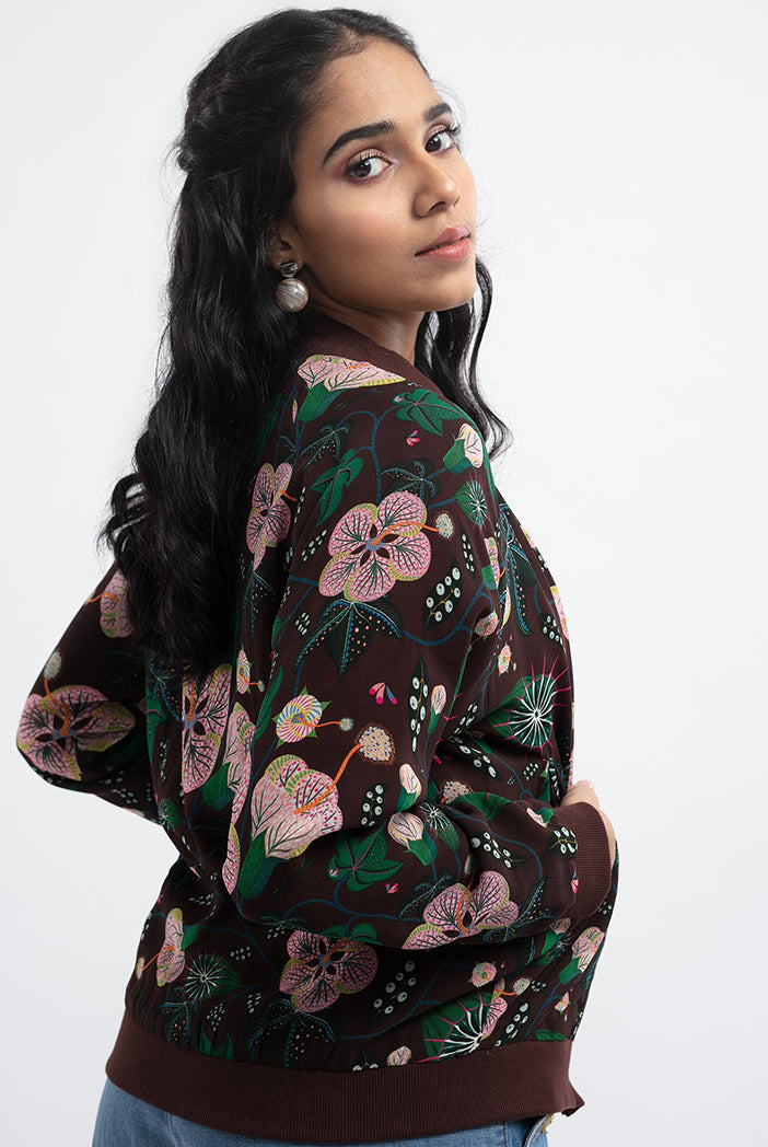 Brown Colour Printed Art Georgette Bomber Jacket