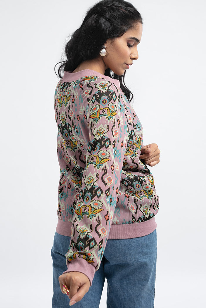 Pink Colour Printed Art Georgette Bomber Jacket