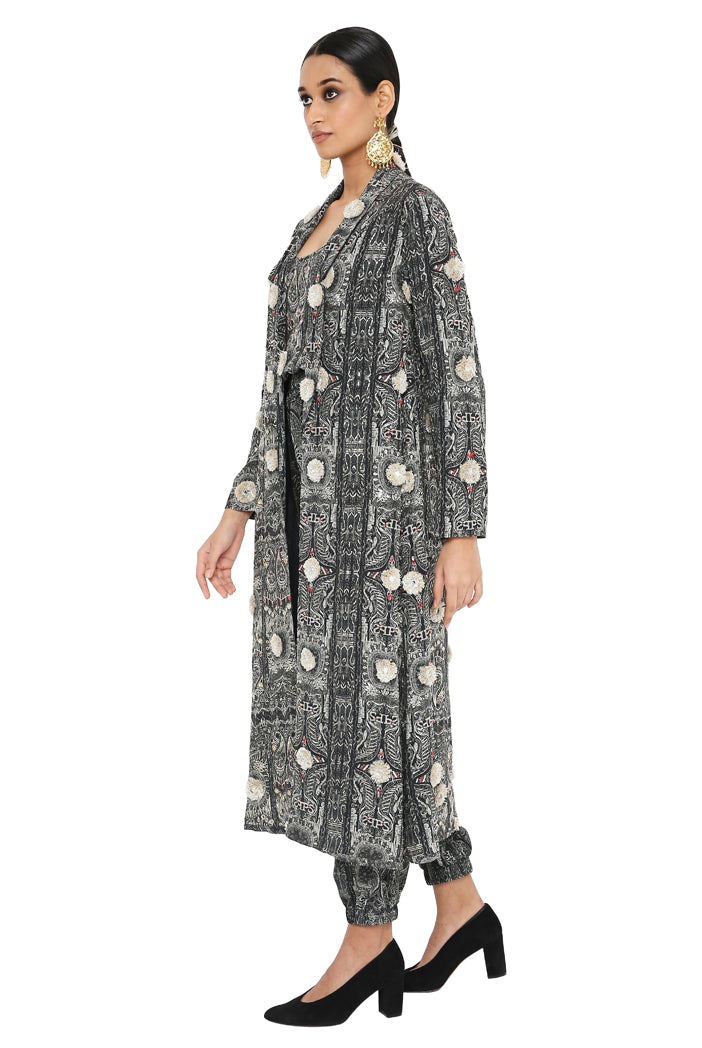 Asma Printed Long Blazer Jacket With Camisole And Jogger Pants