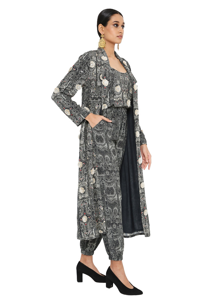 Asma Printed Long Blazer Jacket With Camisole And Jogger Pants
