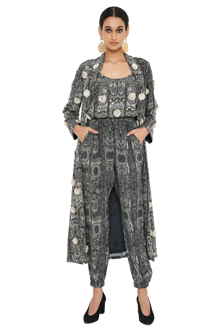 Asma Printed Long Blazer Jacket With Camisole And Jogger Pants