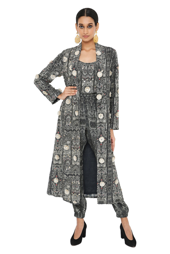 Asma Printed Long Blazer Jacket With Camisole And Jogger Pants